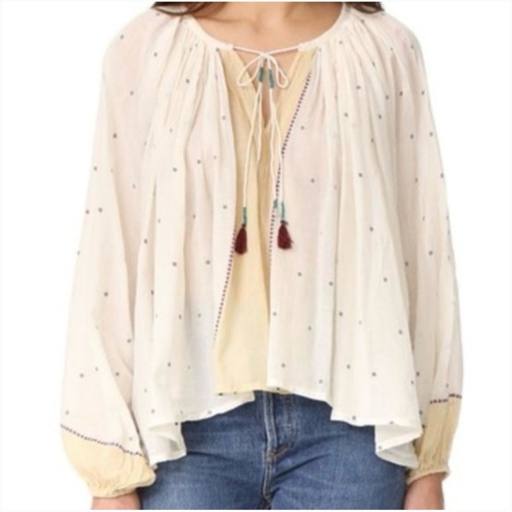 Mes Demoiselles Oreo Boho Blouse Ivory Cotton Embroidered Peasant Top Size S/M